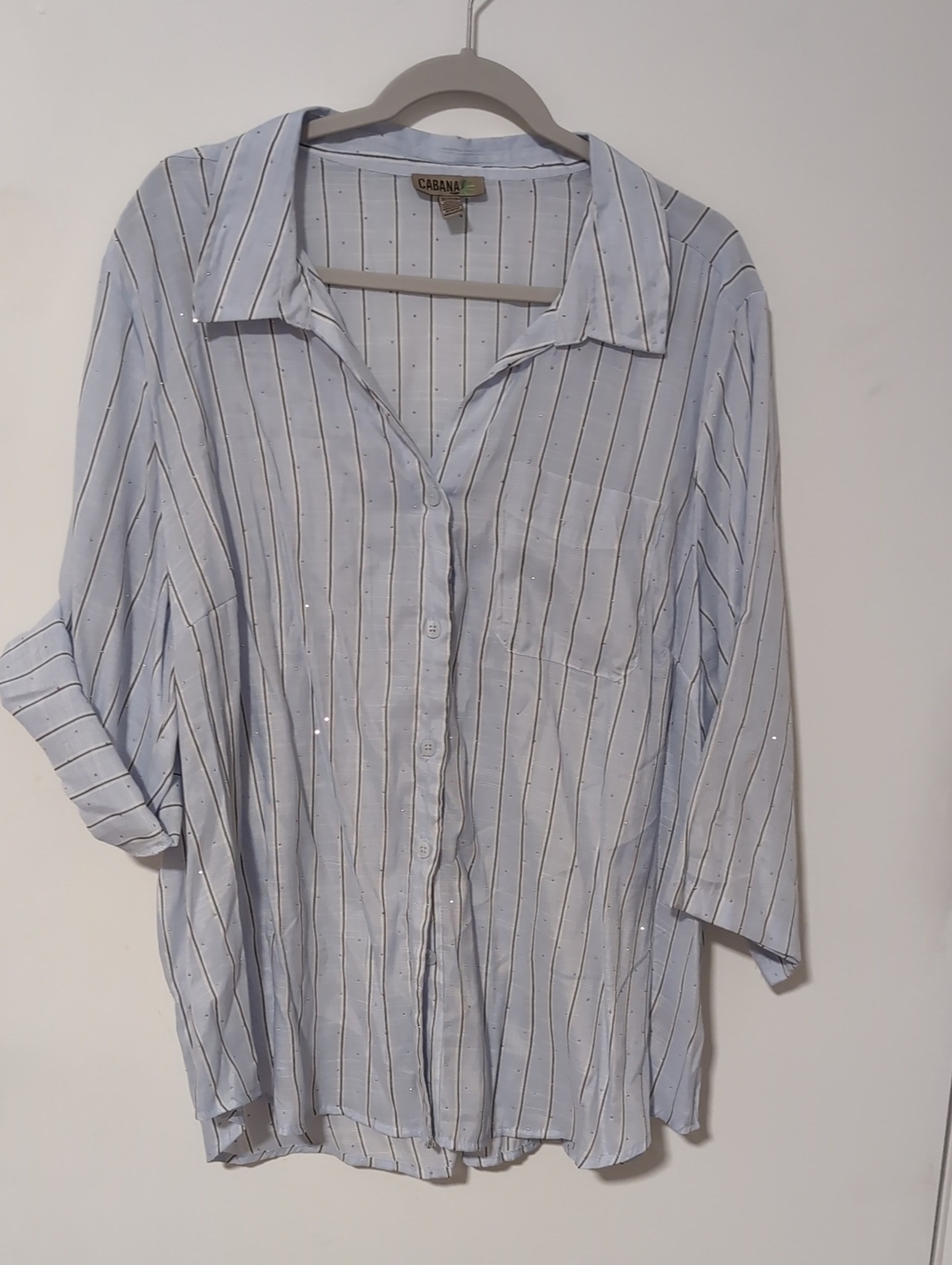 NWOT Cabana Life Pale Blue & Gray Sparkle Vertical Stripe Shirt